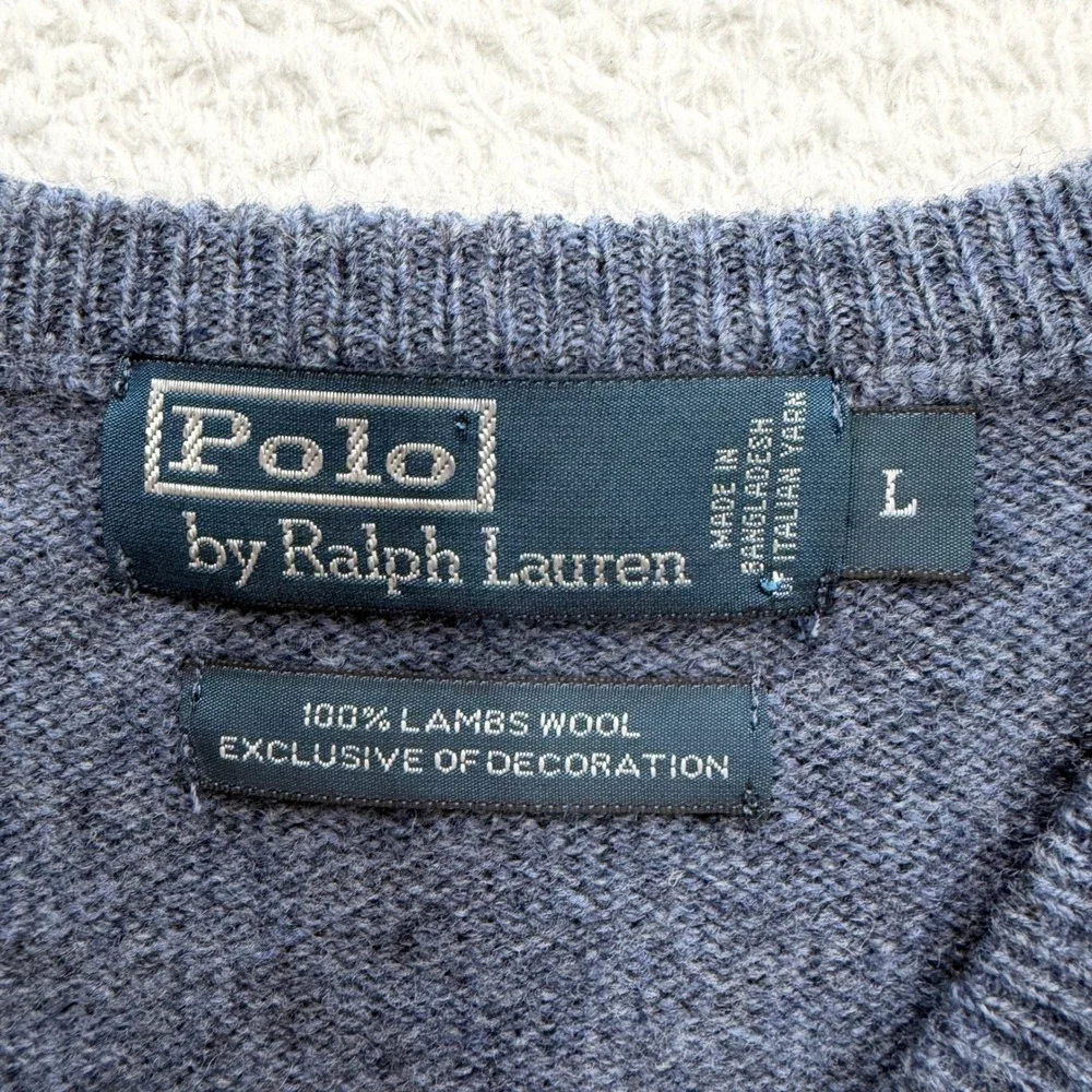 Polo Ralph Lauren Mens Blue Gray 100% Lambswool V-Neck Sweater‎ Size Large 8491